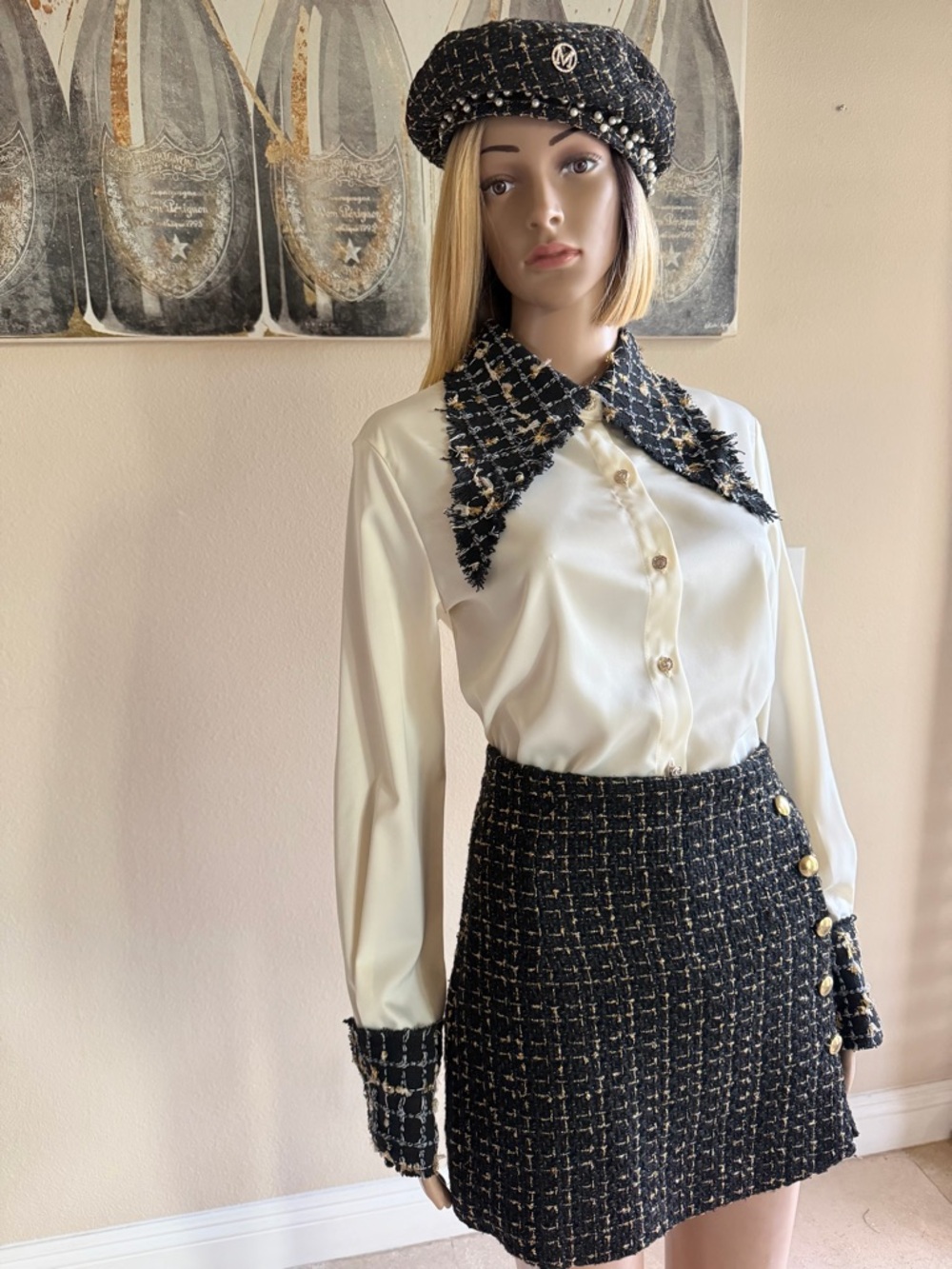 Tweed Beret & Blouse Skirt Set with Ivory Satin Blouse - Black & Ivory
